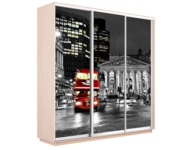 Шкаф-купе Экспресс 3-х дверный (Фото №1026 Ночной Лондон), Дуб молочный